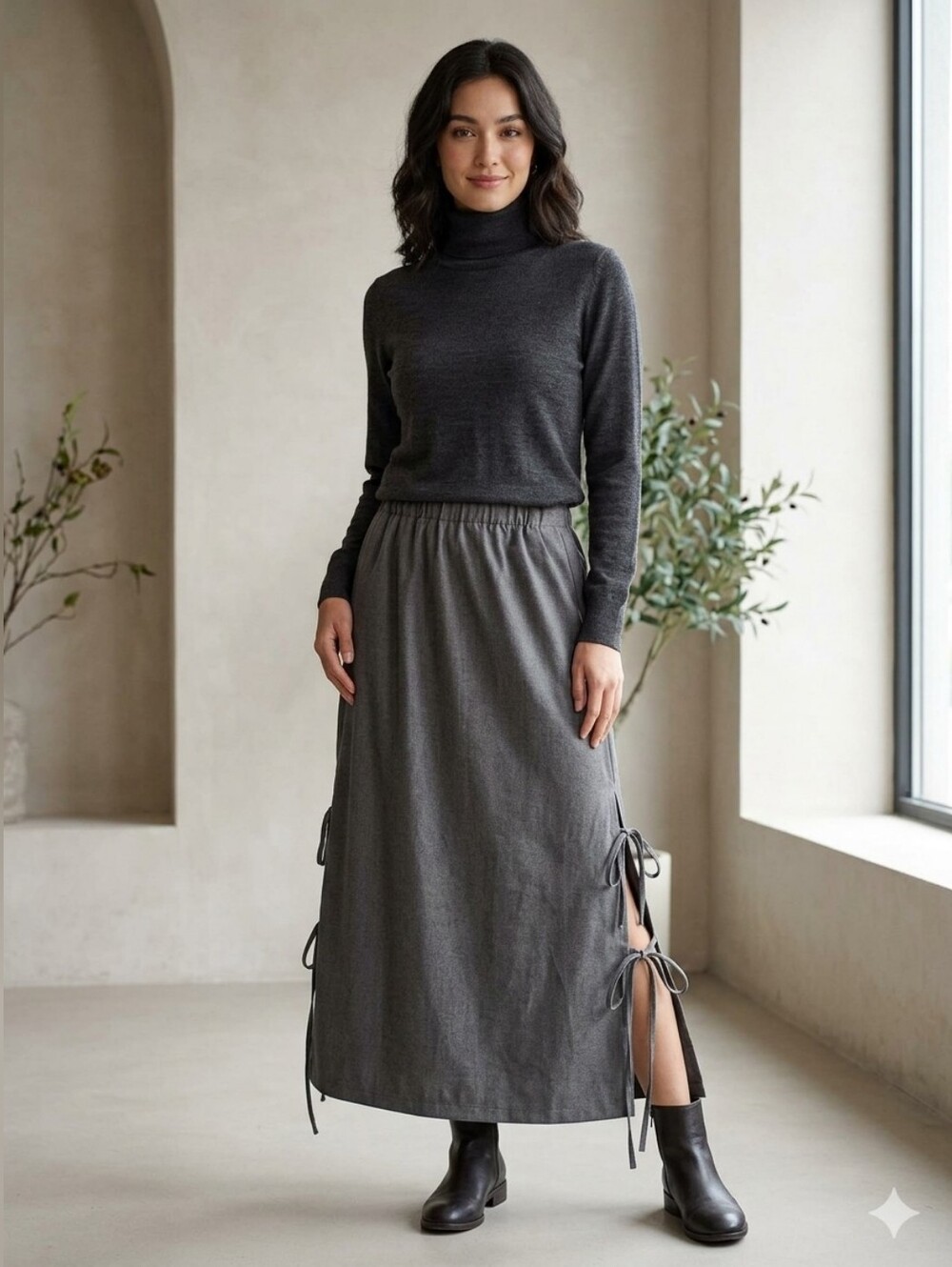 OAK + FORT Charcoal Nylon Parachute Maxi Skirt Tie Sides Ruched Streetwear S